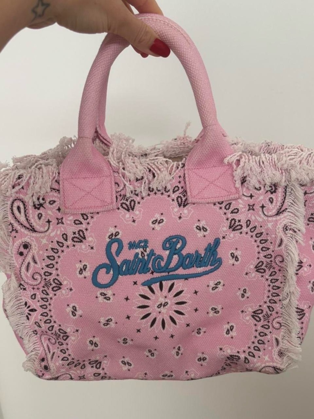 MC2 Saint Barth Pink Paisley Fringe Tote with Blue Logo